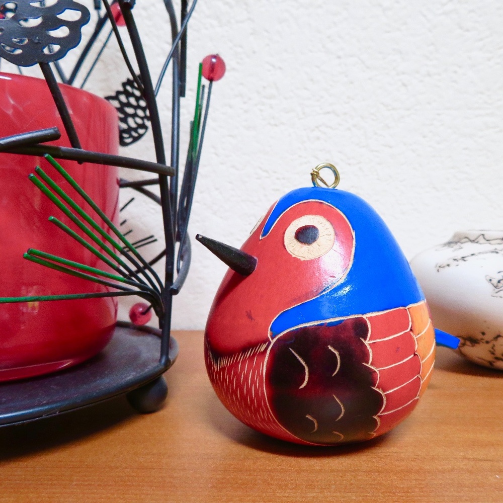 Bird Gourd Ornament, Hand-Painted, Whimsical